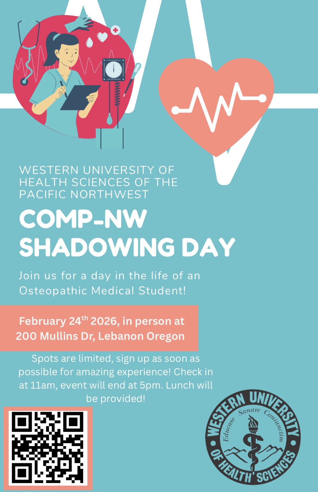 Sign up today for a limited space opportunity.  More information will be emailed by your med student hosts.  Please only sign up if you are able to attend on February 24th from 11am-5pm in Lebanon, Oregon.  Pre-med students will join current med students for a tour, lunch Q&A, and attend afternoon classes with med students.